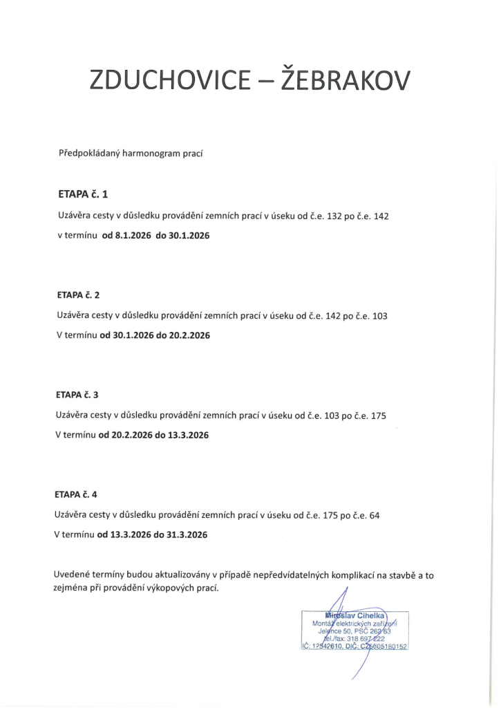 Uzavírka komunikace Žebrákov, Zduchovice - Etapy a&nbsp;harmonogram prací 