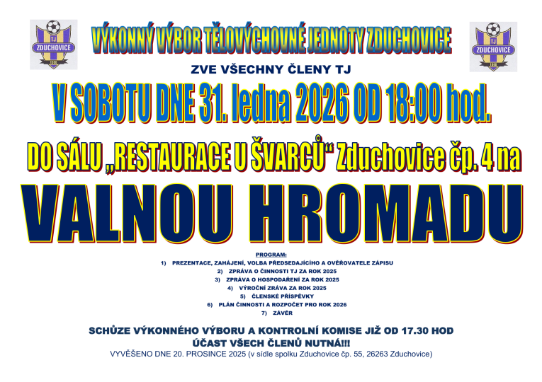 Valná hromada TJ Zduchovice 2026